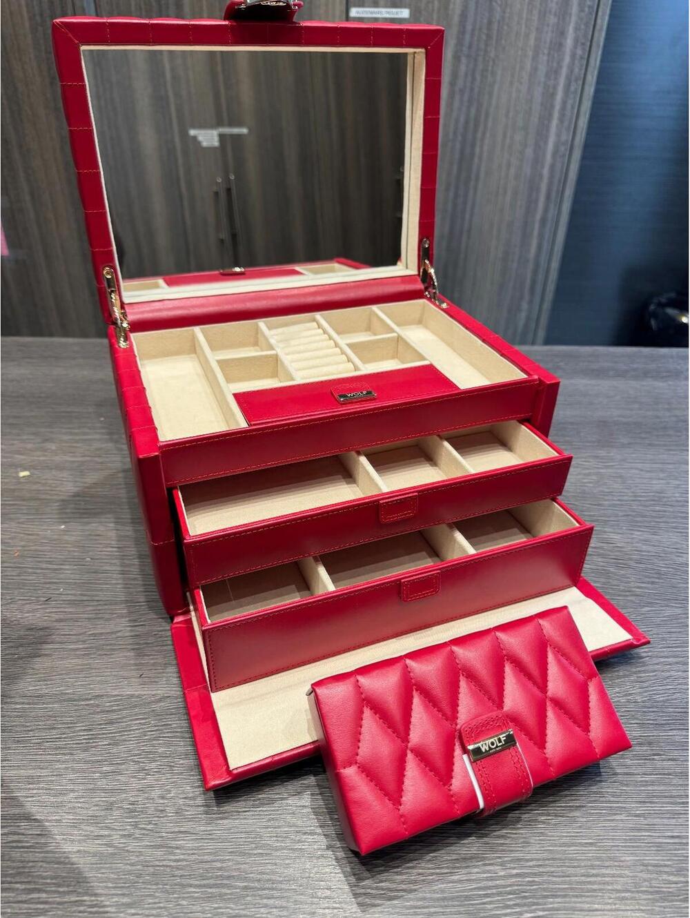 WOLF Caroline Medium Jewelry Case with Drawers & Mirror in Red, 329772